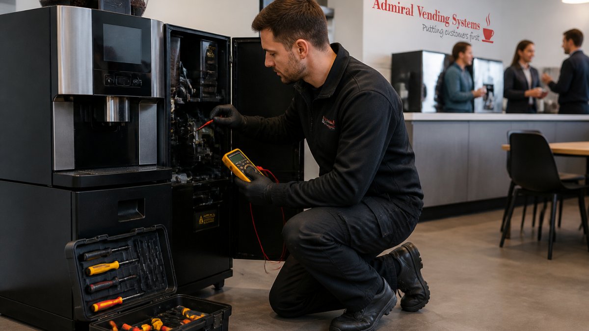 A service technician in a branded uniform kneeling beside a commercial bean to cup coffee machine in a busy office kitchen, holding a multimeter and inspecting the internal brewing unit, with a toolbox open on the floor nearby