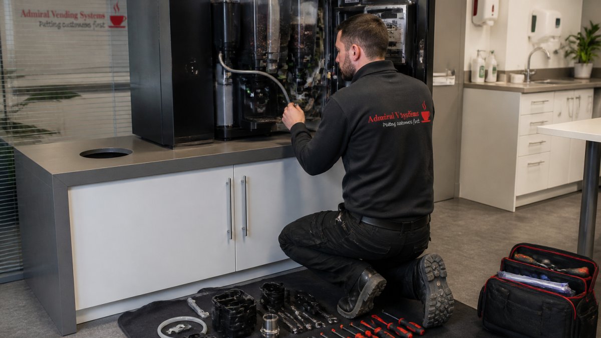 A service engineer in a branded uniform kneeling beside an open bean to cup coffee machine in a bright office kitchen, tools and replacement parts laid out on a mat beside him