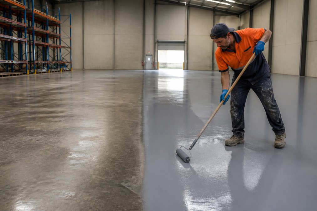 A professional installer in safety gear applying a glossy epoxy coating to a large commercial warehouse floor, with a polished concrete section visible in the background for comparison