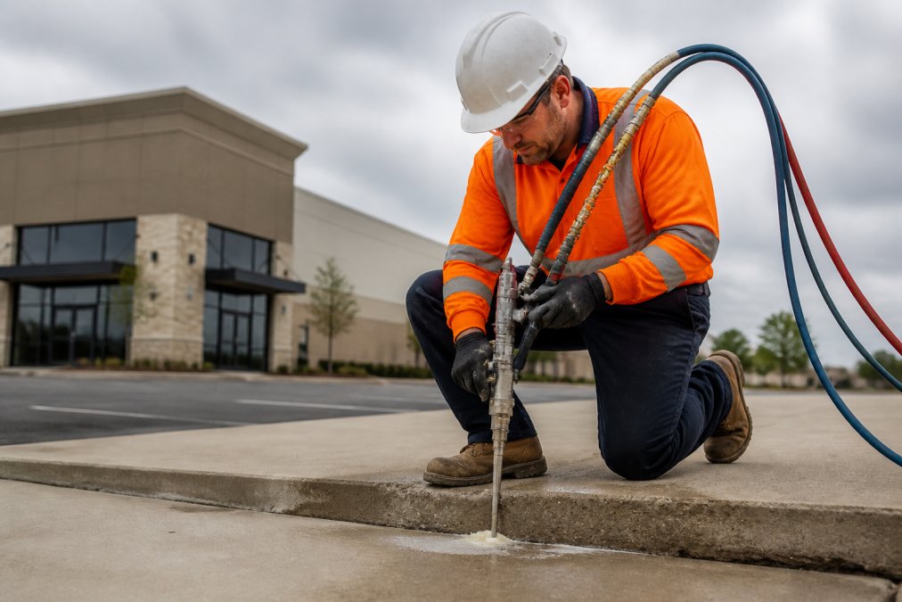 A technician in safety gear and hard hat injecting polyurethane foam under a concrete slab using specialized equipment, commercial building and parking lot visible in the background, overcast daylight