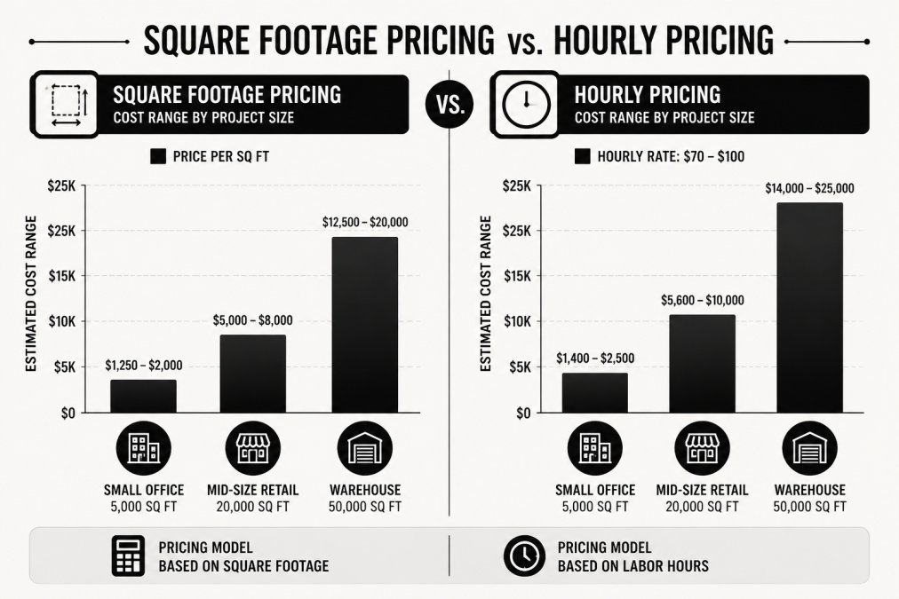 Bar chart comparing construction cleaning pricing models by square footage and hourly rates across project sizes.