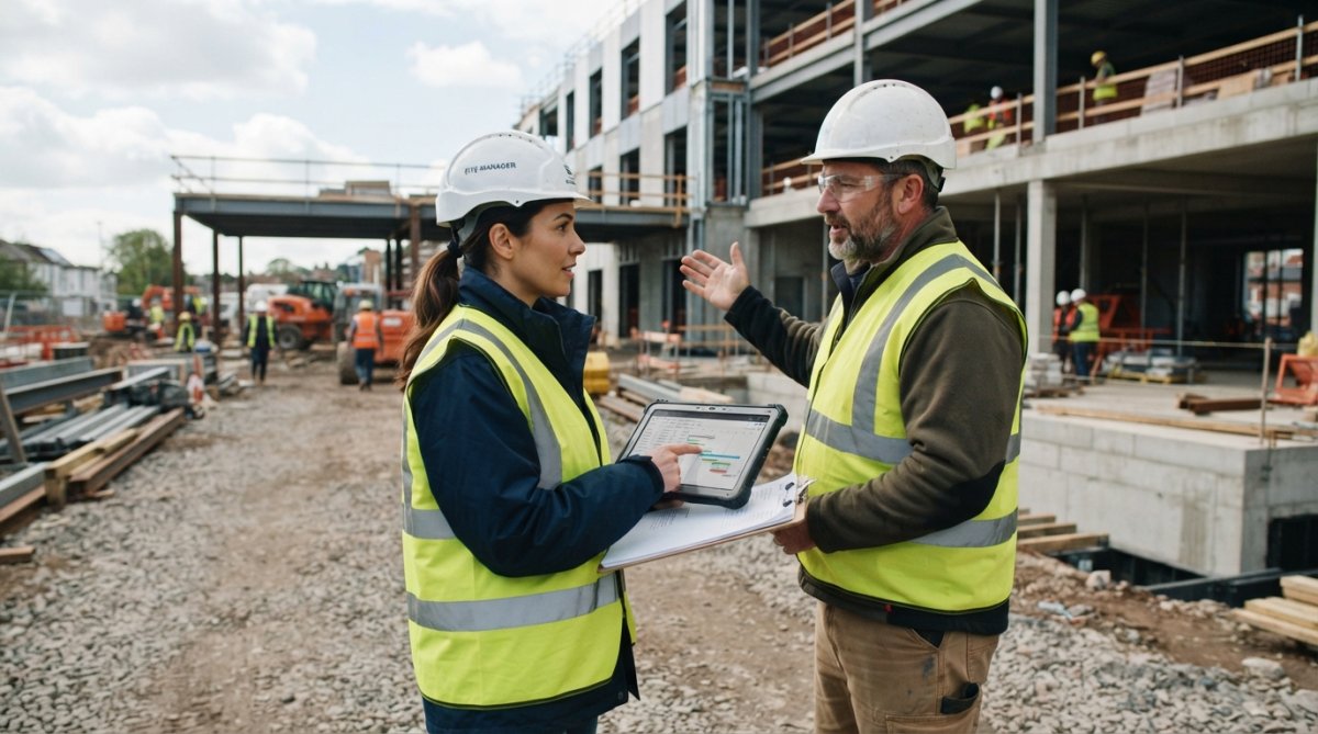 Construction site manager reviewing project milestones and progress with tablet in hand, inspecting completed phases of a commercial building under construction, natural daylight on the job site