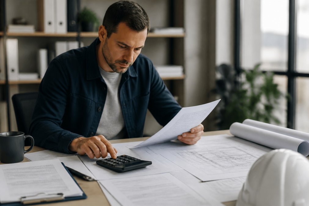 Real estate developer or contractor reviewing loan documents and financial statements at a desk with laptop, calculator, and construction blueprints in natural office lighting