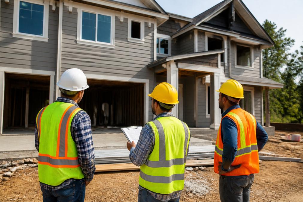 Construction site with workers and project manager inspecting completed work phases on residential building, clipboard in hand, bright daylight, before draw disbursement review