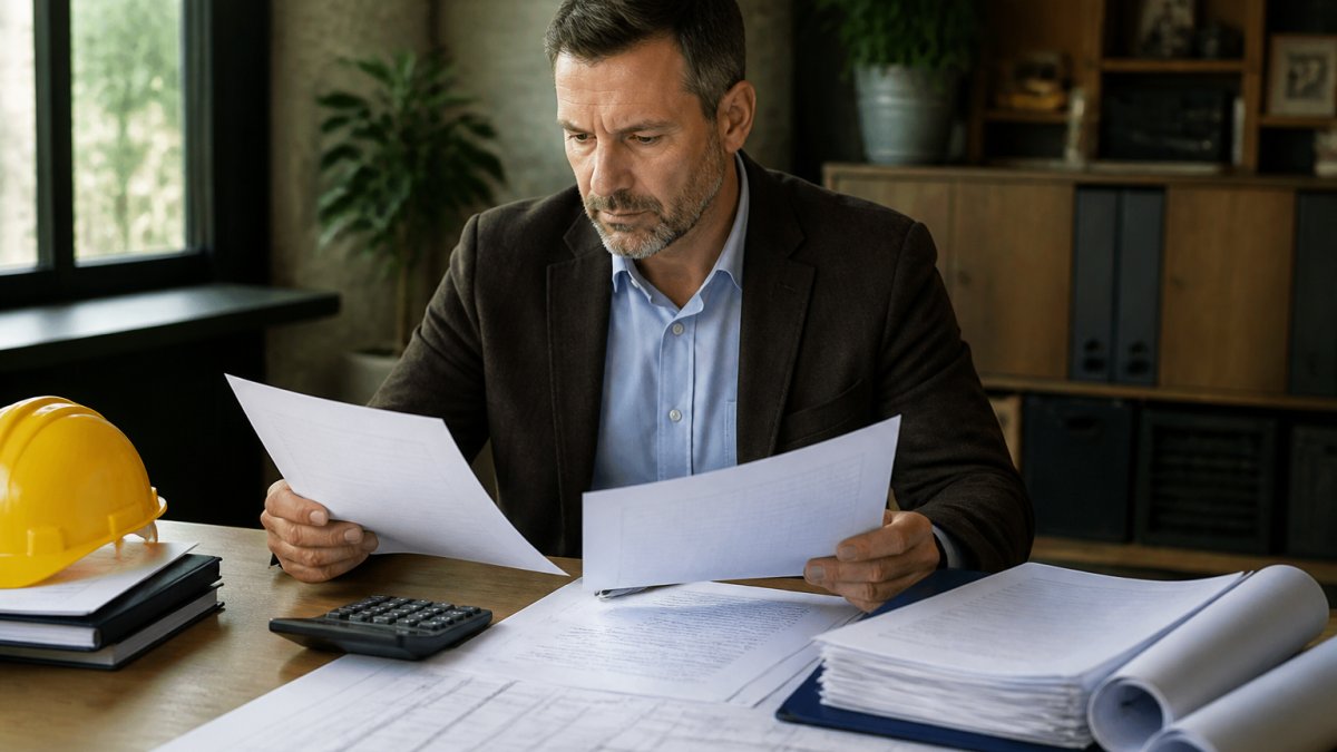 Business owner reviewing loan documents and financial statements at a desk with a calculator and folder of construction blueprints nearby