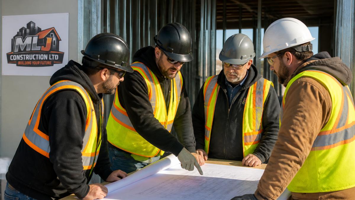 Construction site supervisor in hard hat reviewing blueprints with team members on-site, pointing at documents while discussing project progress and timelines