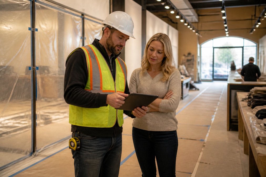 A construction superintendent in a hard hat and safety vest reviewing plans on a tablet with a small business owner inside an active retail space, temporary dust barriers and floor protection visible behind them