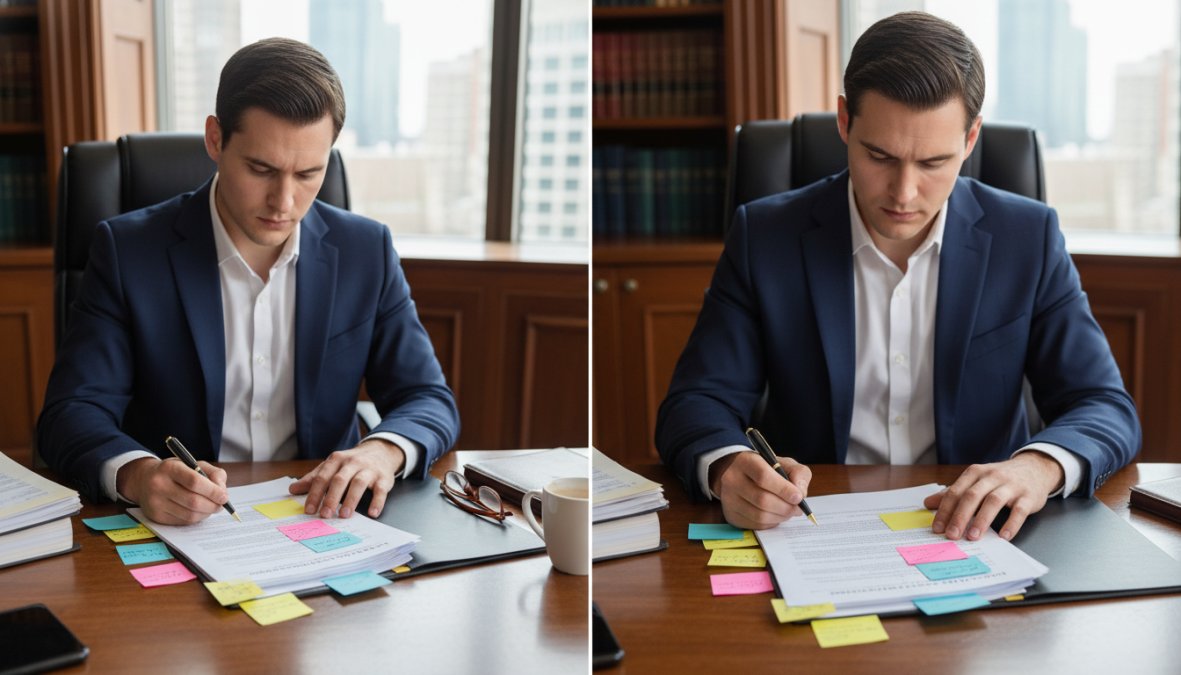 A [business](/business-contract-dispute-resolution-tips/) attorney in a dark suit reviewing a multi-page commercial contract at a polished wooden desk, pen in hand with yellow sticky notes marking key clauses, in a professional office with bookshelves and warm lamp lighting