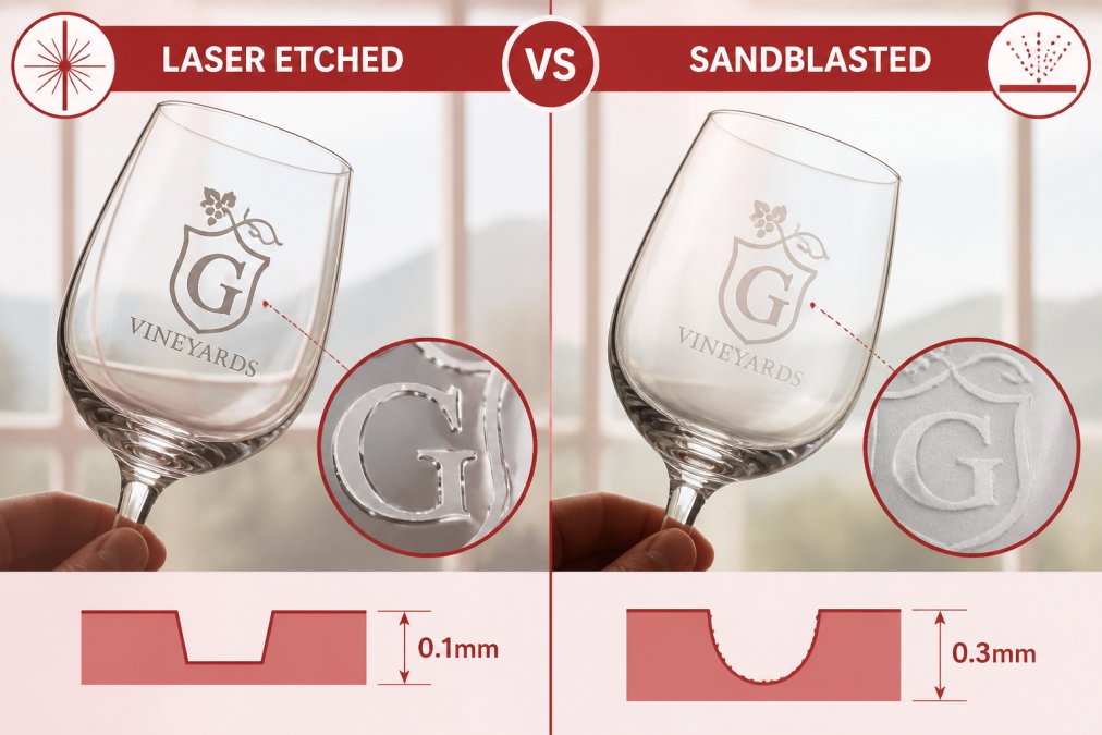 Two wine glasses positioned side by side against bright natural window light, one displaying a crisp laser-engraved logo with sharp edges and one showing a frosted sandblasted design, held at an angle to reveal the depth and texture differences of each marking technique
