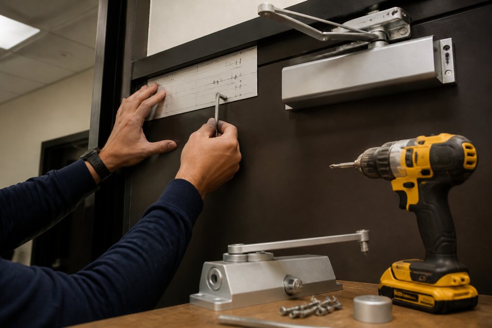 Technician using a hex key and template for door closer installation on a commercial door frame