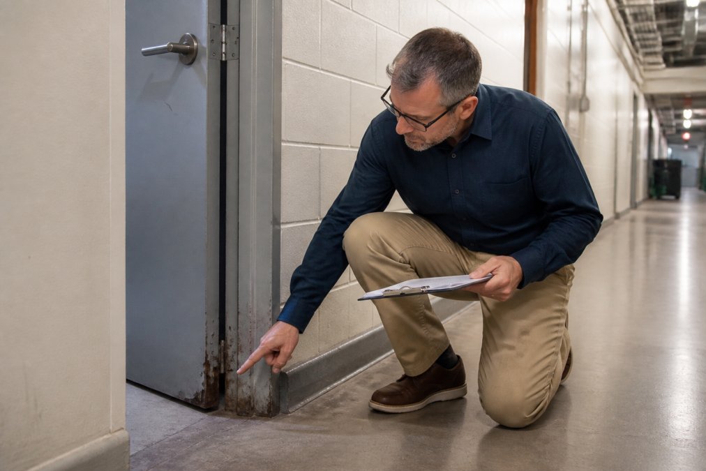 A facility manager in a commercial corridor inspecting rust damage at the base of a hollow metal door frame, pointing at the corroded area while holding a clipboard