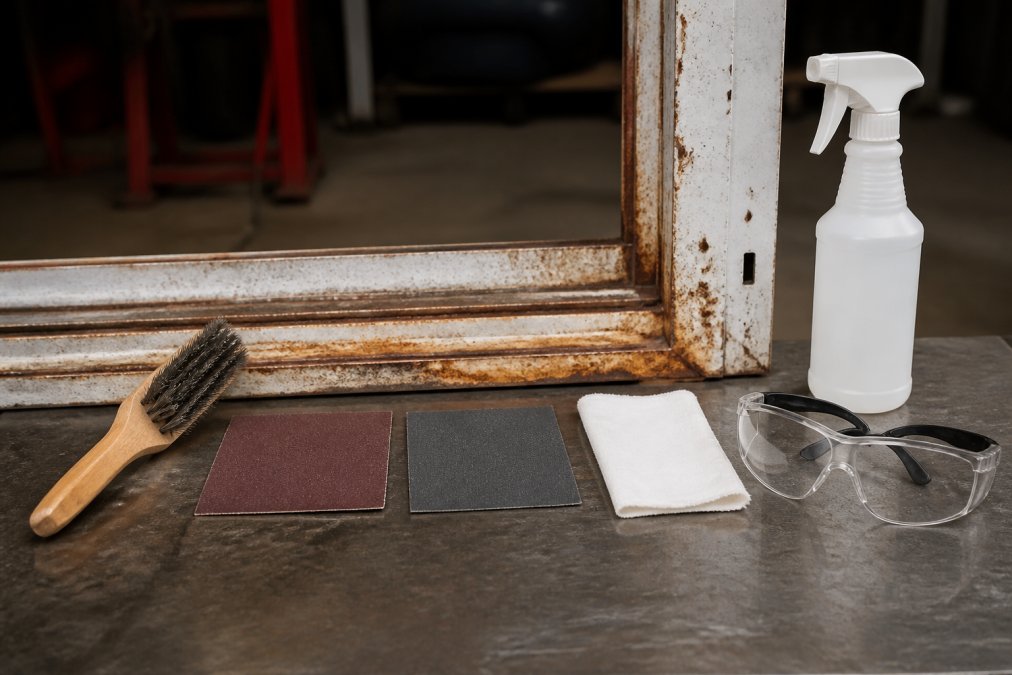 Professional demonstrating rust removal tools laid out on a workbench: wire brush, 80-grit and 150-grit sandpaper sheets, tack cloth, safety glasses, and degreaser bottle next to a rusted steel door frame section