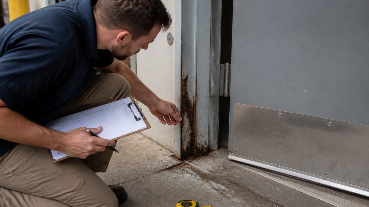 Technician inspecting a steel door frame for rust and corrosion damage