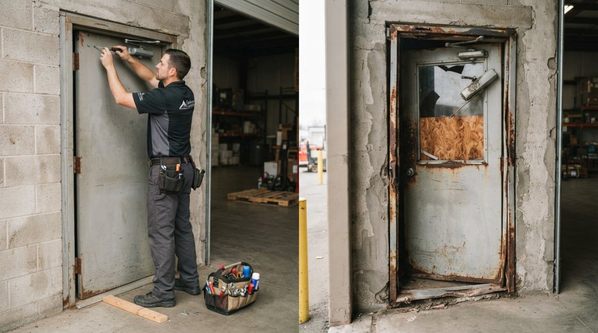 Locksmith technician inspecting a warehouse hollow metal door and commercial door hardware mechanism
