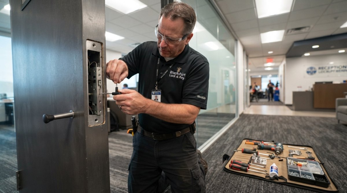 Close-up of a licensed locksmith installing a commercial-grade mortise lock on a hollow metal door frame in a business entryway, with professional tools laid out on a mat under bright fluorescent lighting