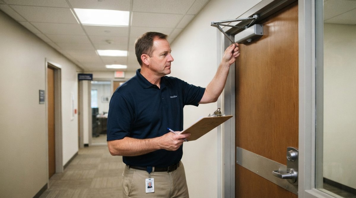 Facility manager in a commercial building hallway inspecting a door closer mechanism with a clipboard and checklist in hand, wearing a polo shirt, standing under bright overhead lighting