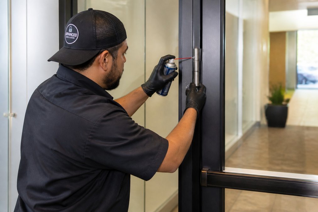 Maintenance worker applying lubricant to hinges on commercial door hardware in an office building hallway
