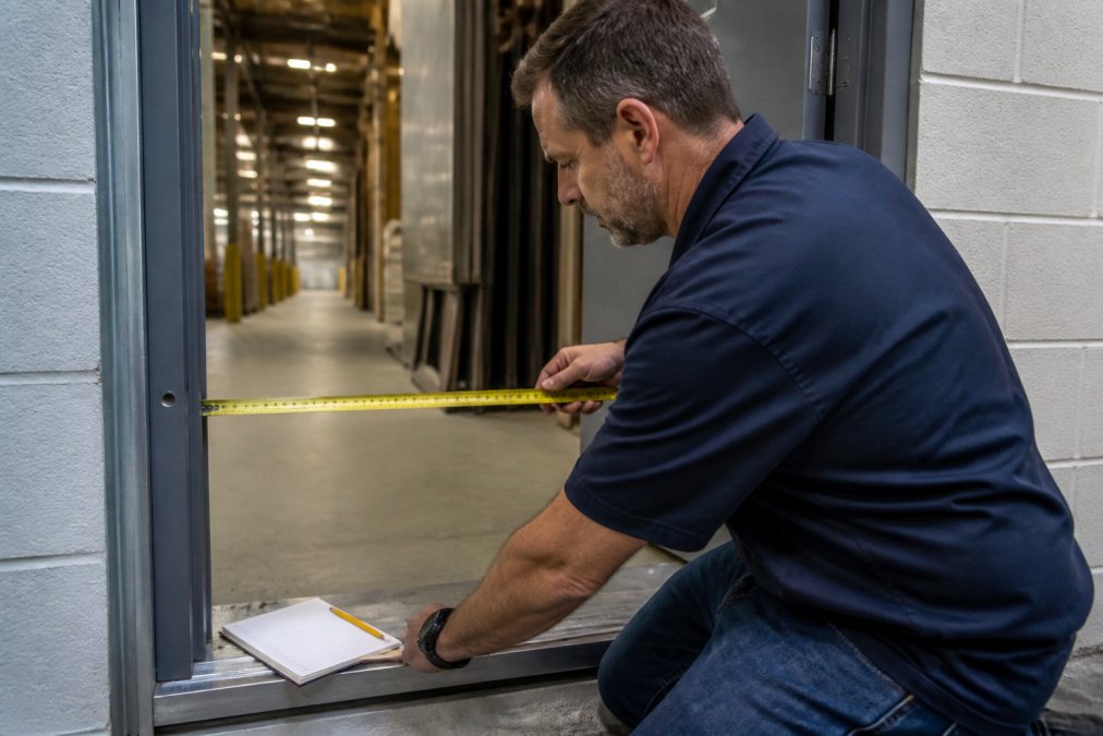A contractor measuring a commercial door frame with a metal tape measure, notepad and pencil resting on the sill of a hollow metal door installation site under fluorescent warehouse lighting