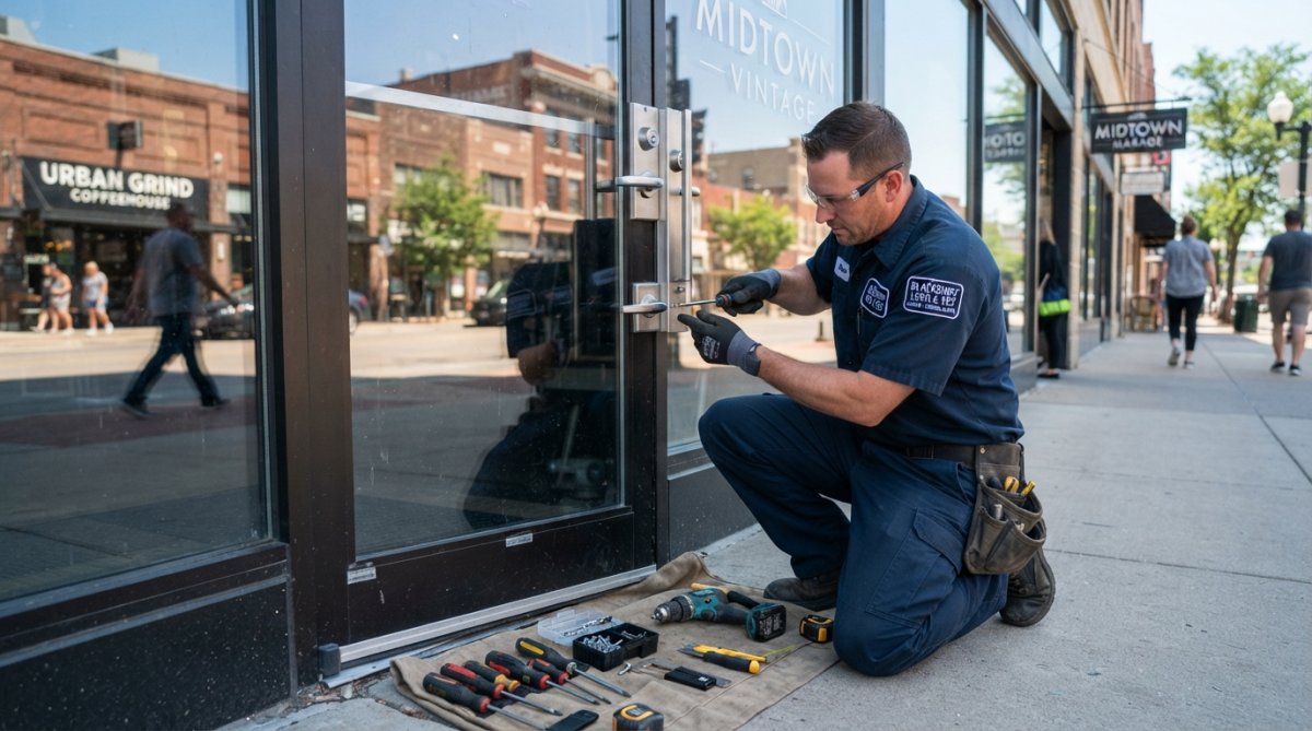 A professional locksmith in a navy uniform installing a commercial-grade door lock on a glass storefront entrance, tools laid out on a cloth nearby, bright daylight reflecting off the glass