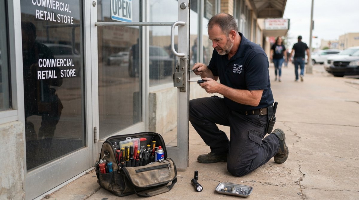 A locksmith in work clothes kneeling to repair a commercial door lock on a glass storefront door, with a tool bag nearby and daylight streaming in