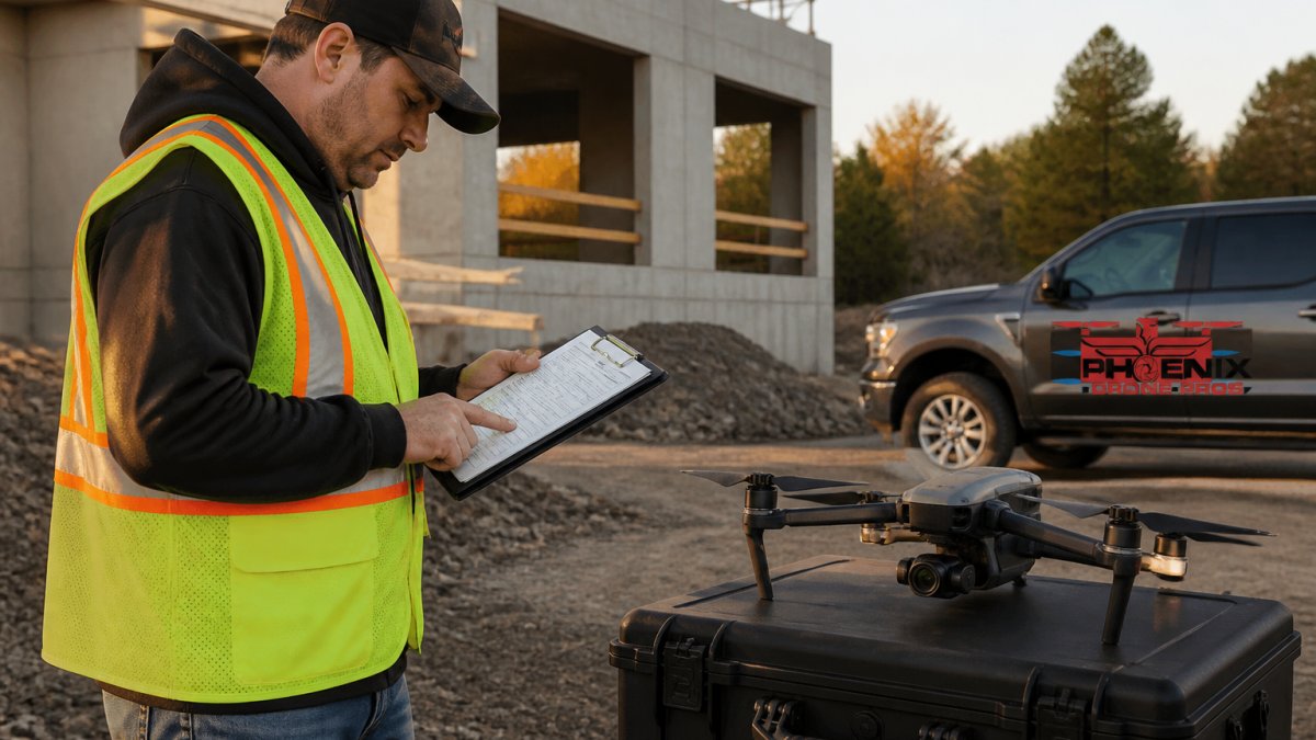 Commercial drone pilot reviewing a drone insurance certificate on a tablet at a job site