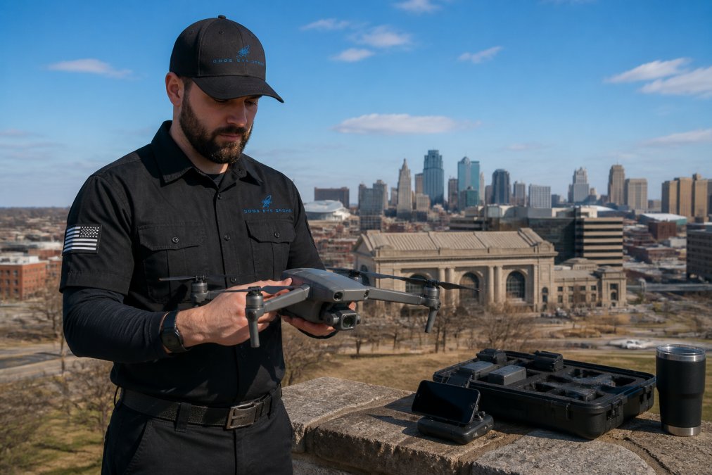 Professional pilot preparing a DJI drone for flight in Kansas City, considering commercial drone license cost.