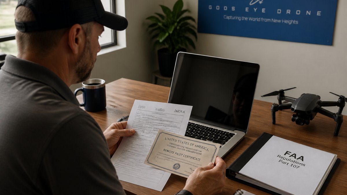 Certified drone pilot reviewing FAA documentation and Remote Pilot Certificate at desk with laptop displaying IACRA portal interface