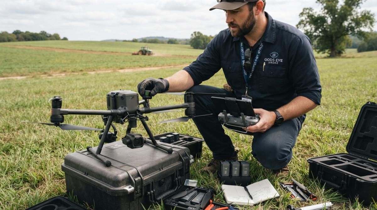 Commercial drone pilot in field checking equipment before flight, holding tablet displaying flight plan with drone visible in foreground, natural outdoor lighting