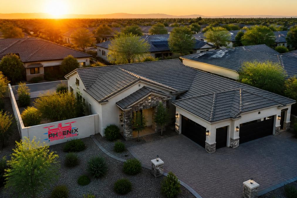 Professional aerial view of a residential property showing rooflines, landscaping, and surrounding neighborhood captured from a commercial drone at sunset with warm golden lighting