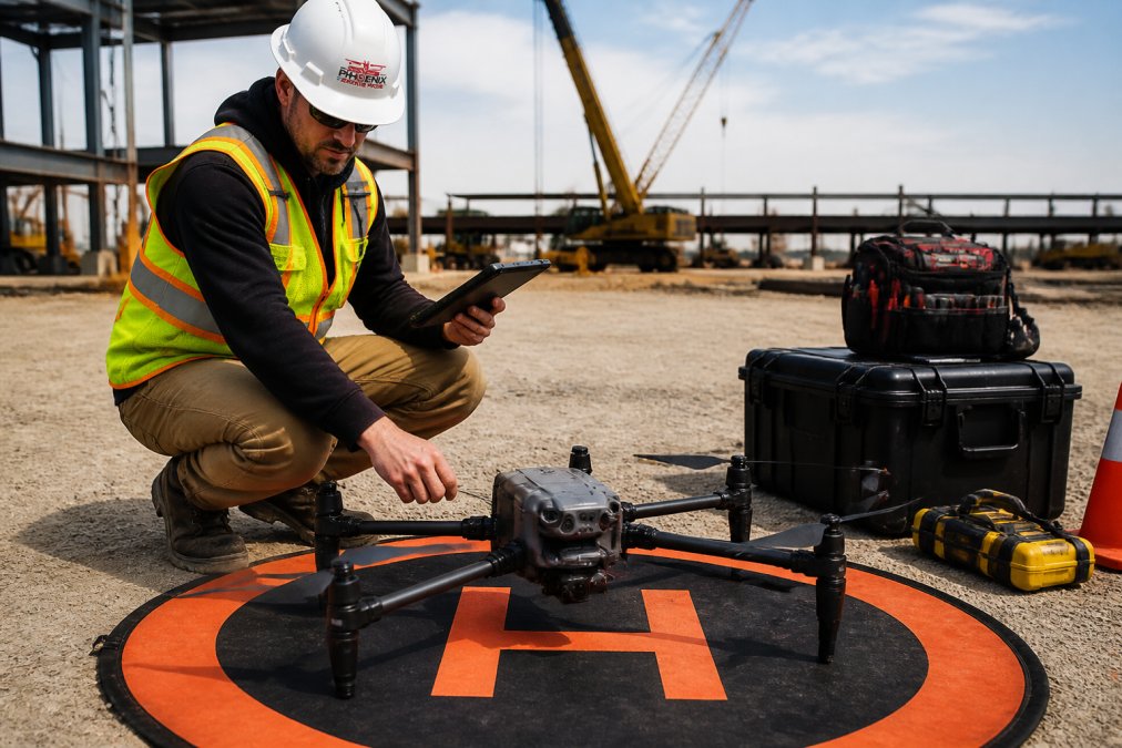 Professional drone pilot in safety vest performing pre-flight equipment inspection on a commercial job site, holding a tablet with flight plan displayed, with a DJI drone visible on a portable launch pad