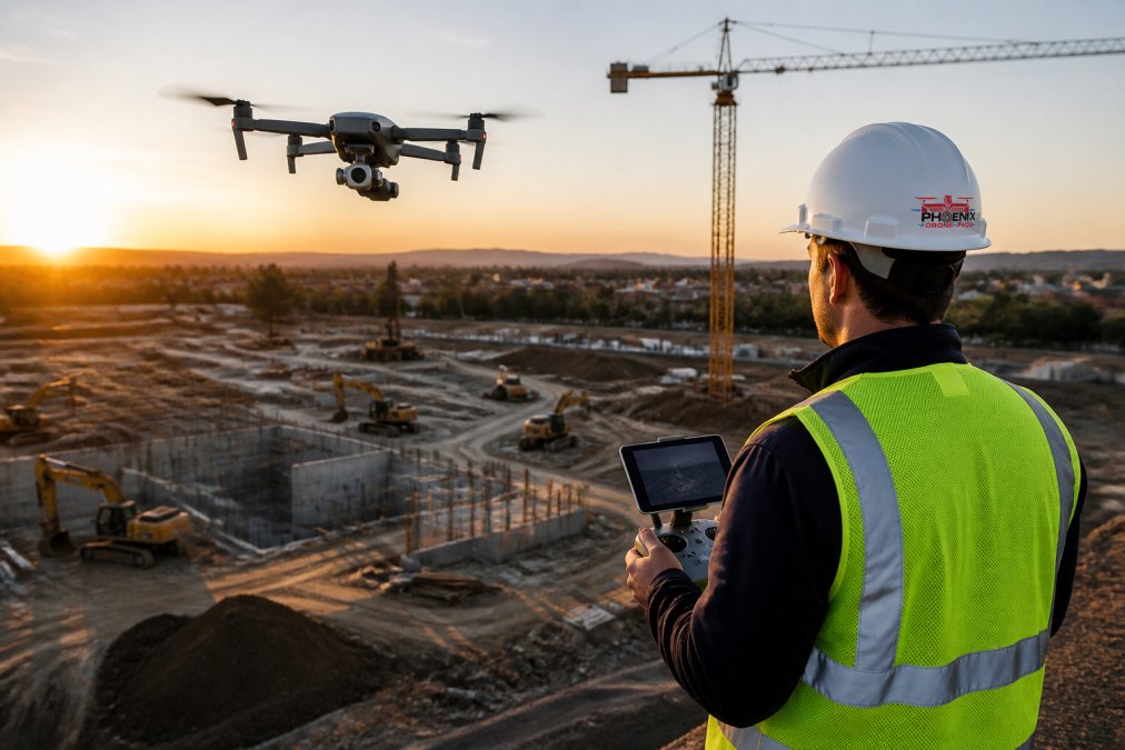 A commercial drone with a high-resolution camera hovering over an active construction site at golden hour, capturing aerial data of earthmoving equipment and partially completed building foundations