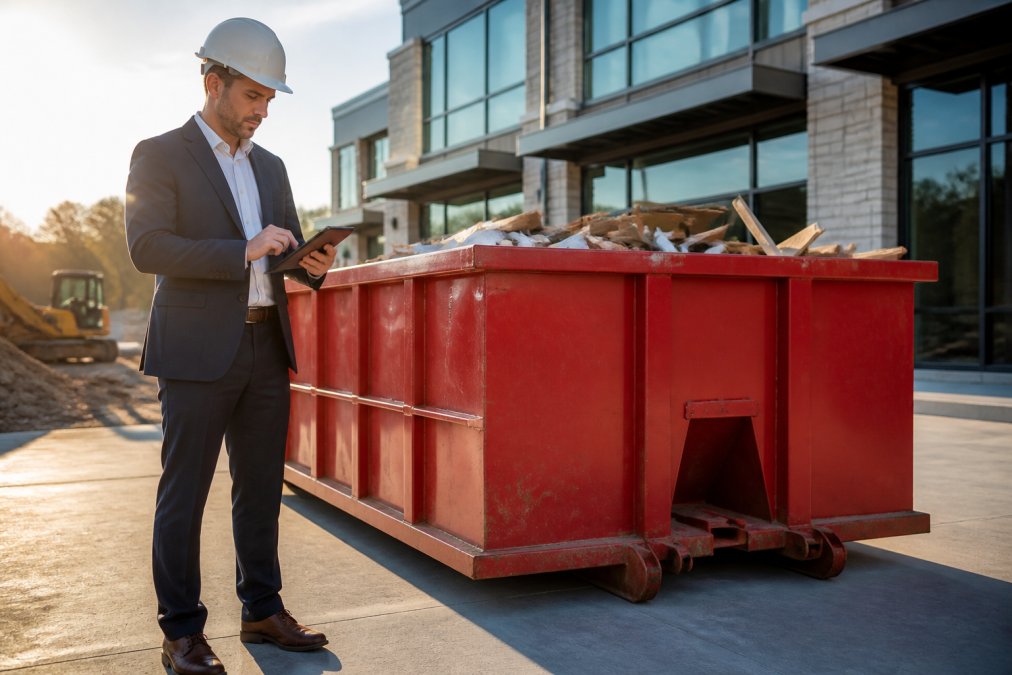 Professional property manager standing beside a roll-off dumpster on a commercial property, reviewing project plans on tablet with morning sunlight illuminating the site