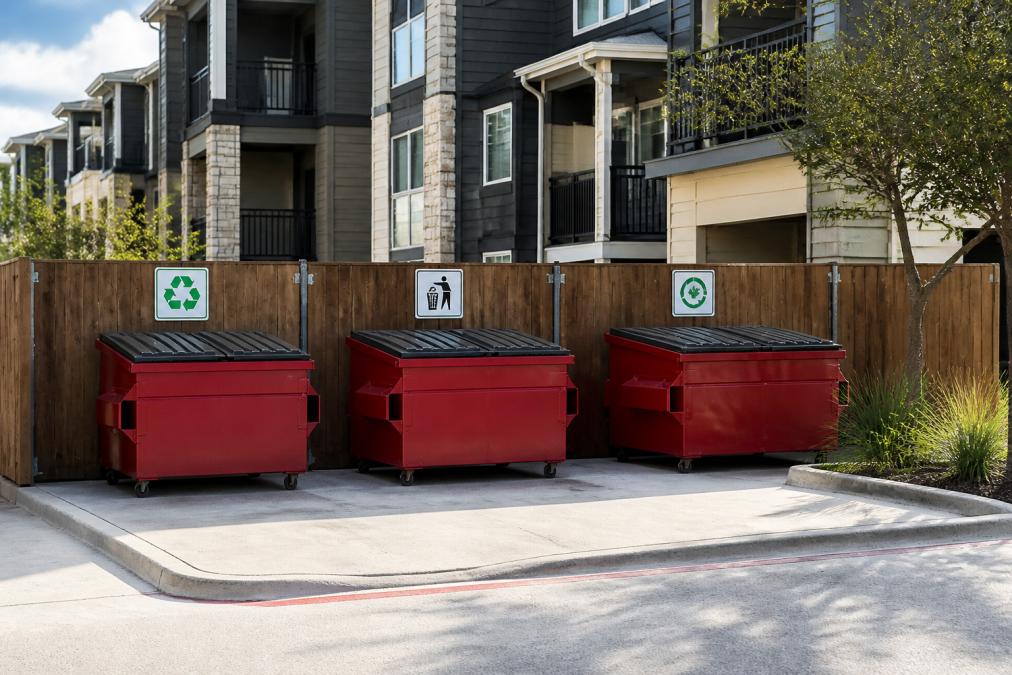 Multi-family residential building with organized dumpster area showing clear waste separation signage, proper bin placement, and clean surroundings in afternoon light