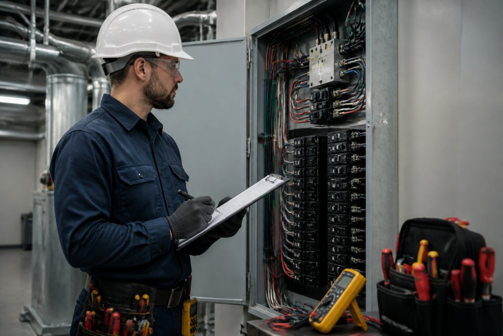 Electrician in uniform inspecting a commercial electrical panel with a clipboard and diagnostic tools.