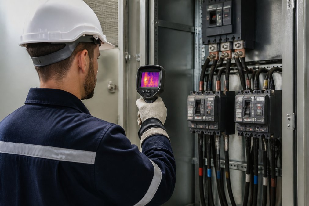 Professional electrician performing thermal imaging inspection on commercial electrical switchboard panel in modern office environment, using handheld thermal camera with digital display