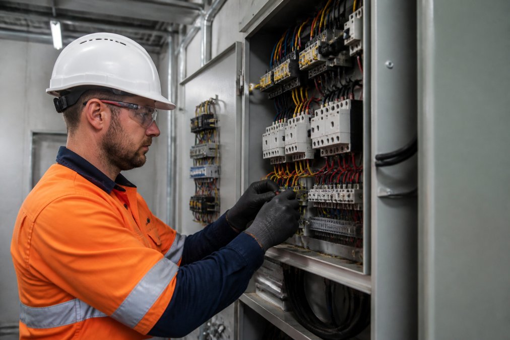 Electrician conducting routine maintenance on commercial electrical infrastructure, inspecting wiring and connections in a modern business facility with professional lighting and modern equipment