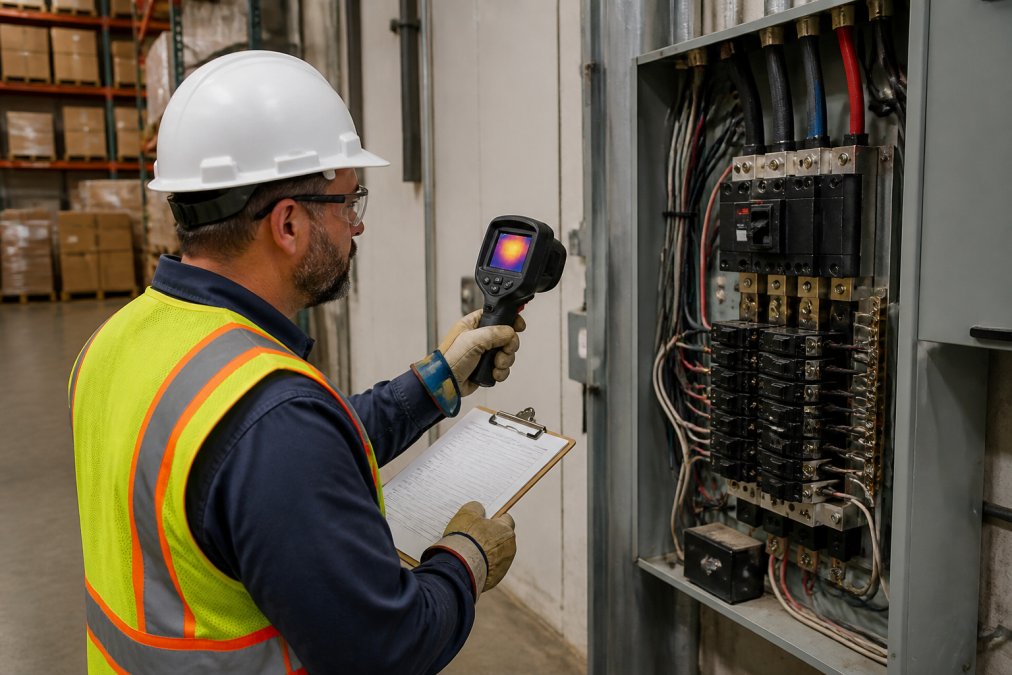 A licensed electrician in safety gear inspecting a commercial electrical panel with a clipboard and thermal imaging camera in a warehouse setting