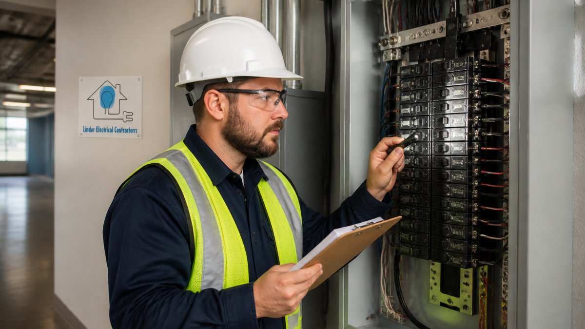 Licensed electrician in safety gear and hard hat performing electrical panel inspection in commercial building, holding clipboard and examining circuit breakers with focused attention to detail