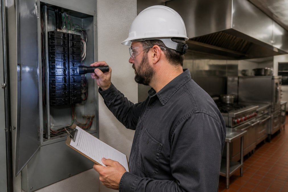 Electrician inspecting a commercial kitchen breaker panel for commercial electrical maintenance for restaurants