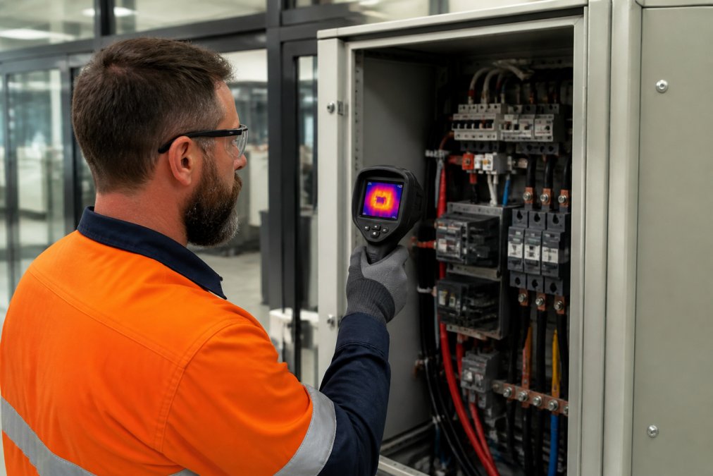 Licensed electrician performing thermal imaging inspection on commercial switchboard with digital testing equipment in modern business premises