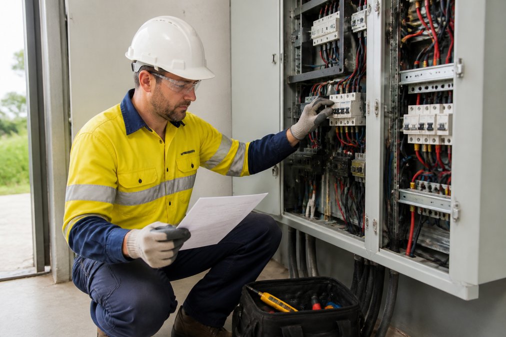 Electrician conducting comprehensive safety audit and risk assessment in commercial workplace using digital testing equipment and documentation