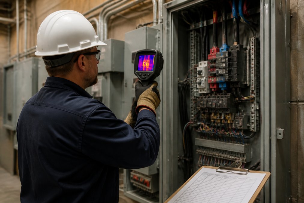 Electrician using a thermal camera for commercial electrical maintenance on a building panel