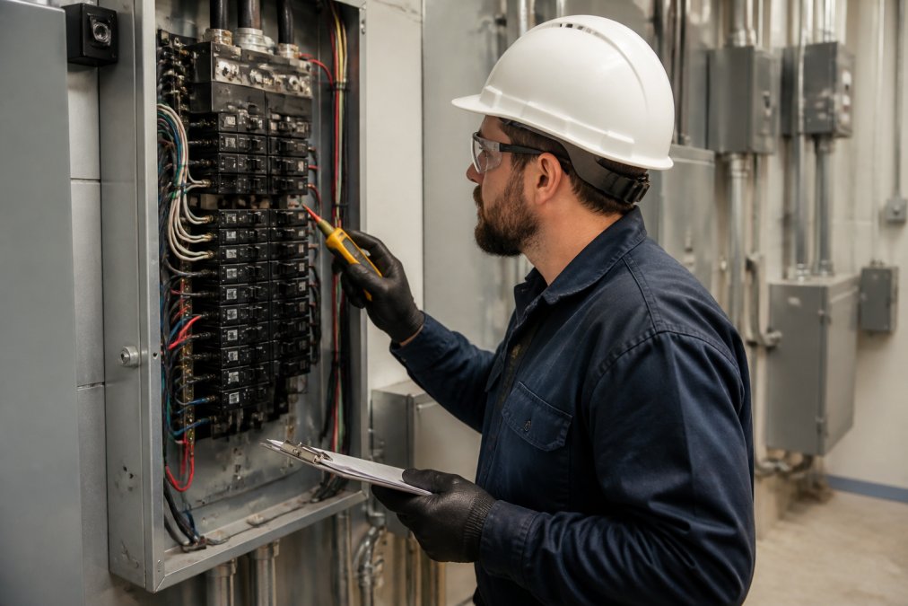 Electrician inspecting a commercial circuit breaker panel for a commercial electrical maintenance program