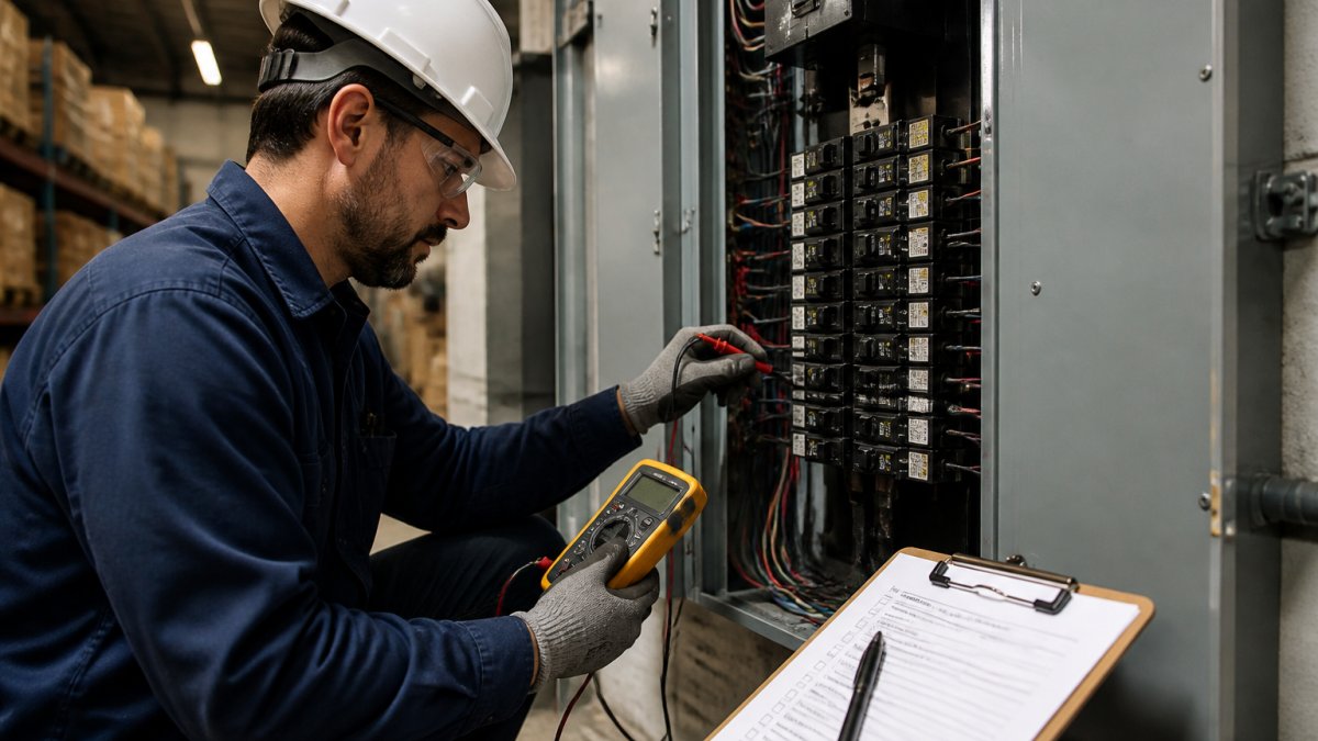 A licensed electrician in safety gear using a multimeter to test a commercial electrical panel inside a warehouse, with a clipboard checklist and labeled breakers visible