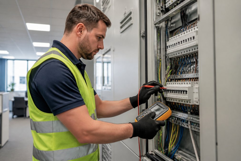 Professional electrician conducting detailed commercial electrical inspection using handheld testing equipment on electrical panel in modern office building with bright overhead lighting