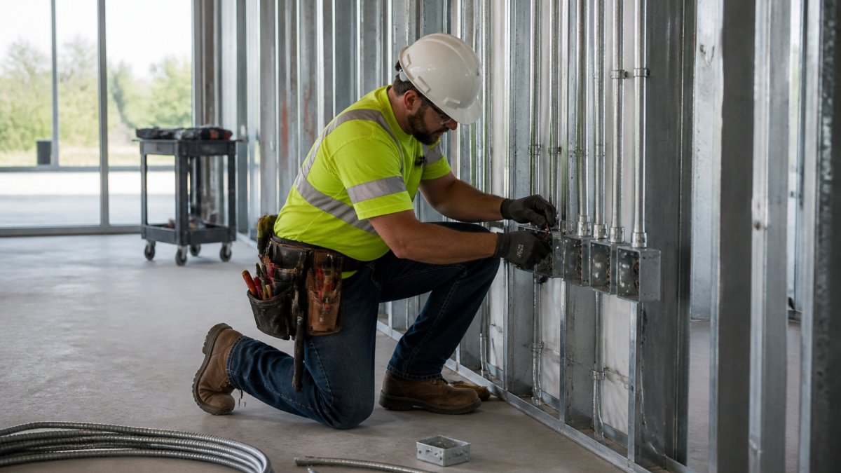 Licensed electrician installing electrical outlets and wiring infrastructure in a modern office space during a commercial renovation project, with visible conduit and junction boxes