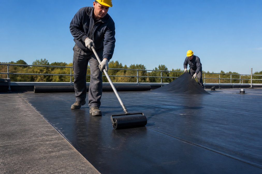 A professional roofing contractor in workwear using a heavy roller to press down a large black EPDM membrane on a flat commercial roof, with a second worker guiding the membrane into place on a bright, clear day