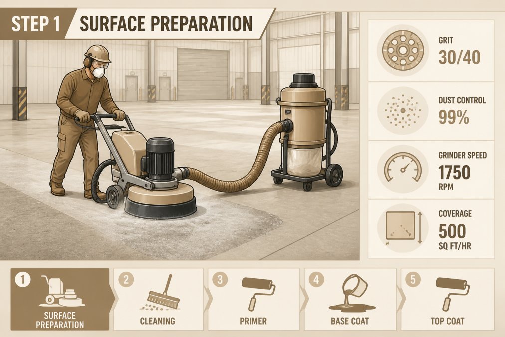 Professional contractor using diamond grinding machine on concrete warehouse floor with dust extraction system running, showing surface preparation phase of epoxy installation