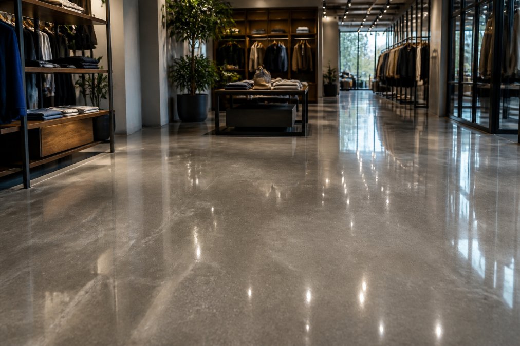 Finished commercial epoxy floor in retail showroom with glossy, seamless finish reflecting overhead lighting, showcasing professional quality result