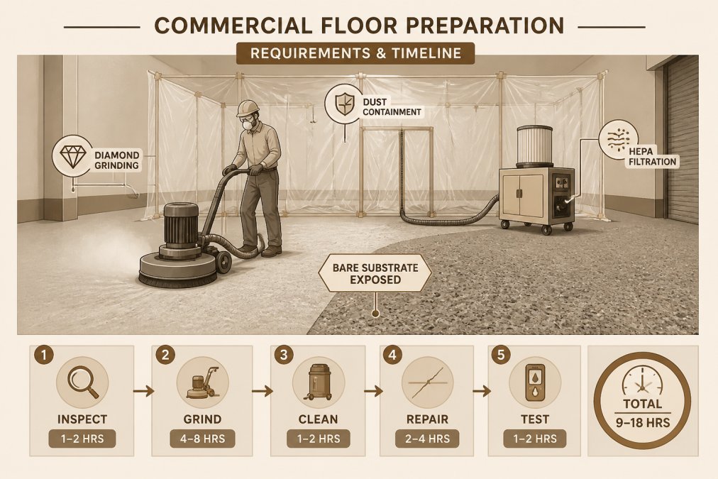 Professional concrete floor being prepared with diamond grinding equipment, creating dust containment with plastic sheeting and HEPA filtration system visible, showing the bare substrate exposed